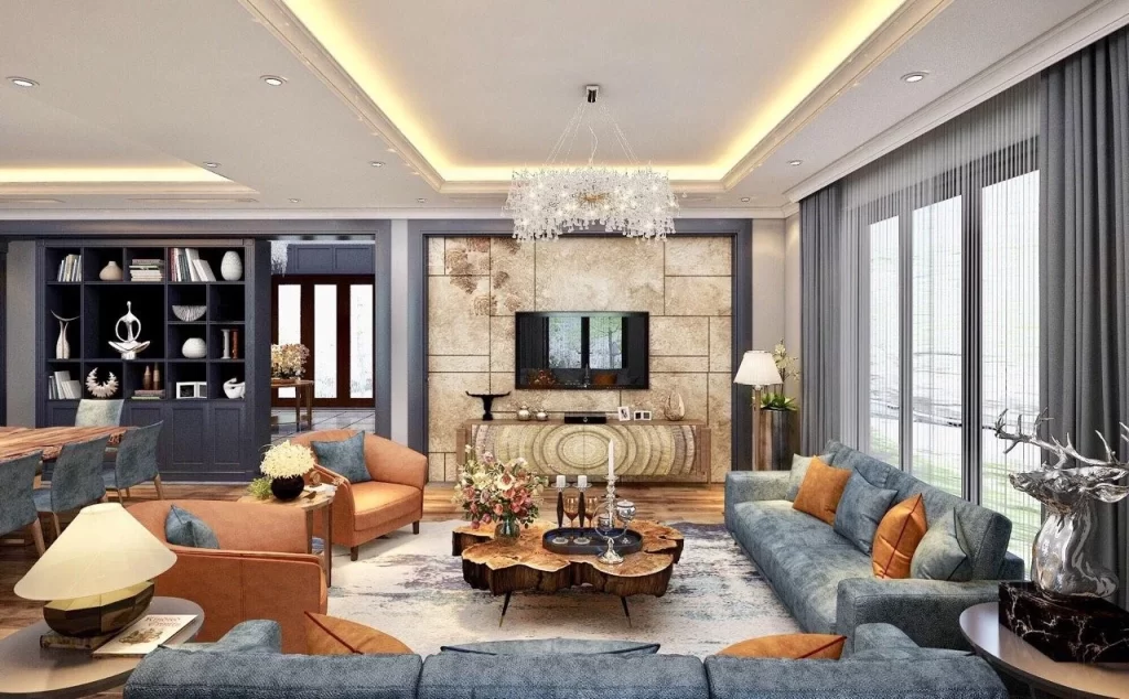Thiết kế nội thất biệt thự Hà Đông với phòng khách sofa da và đèn chùm hiện đại.