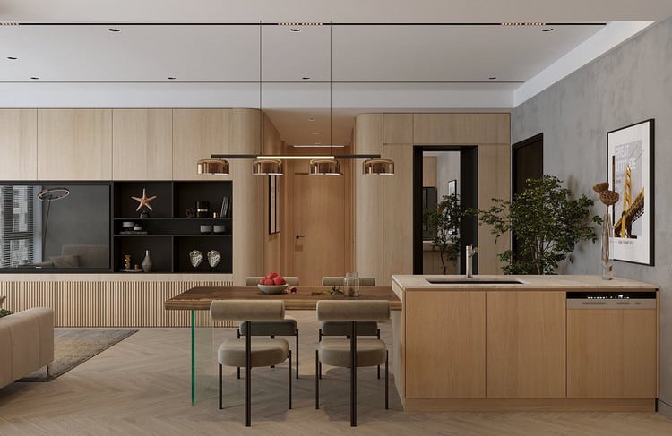 Thiết kế nội thất căn hộ 75m2 phòng bếp tiện nghi