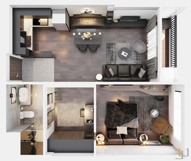 Thiết kế nội thất chung cư 75m2 1 phòng ngủ với không gian đa năng