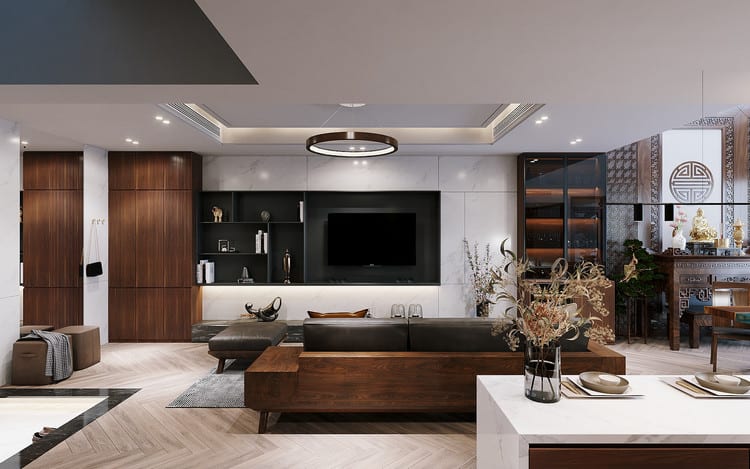 Thiết kế nội thất chung cư 75m2 phòng khách hiện đại và thoáng đãng
