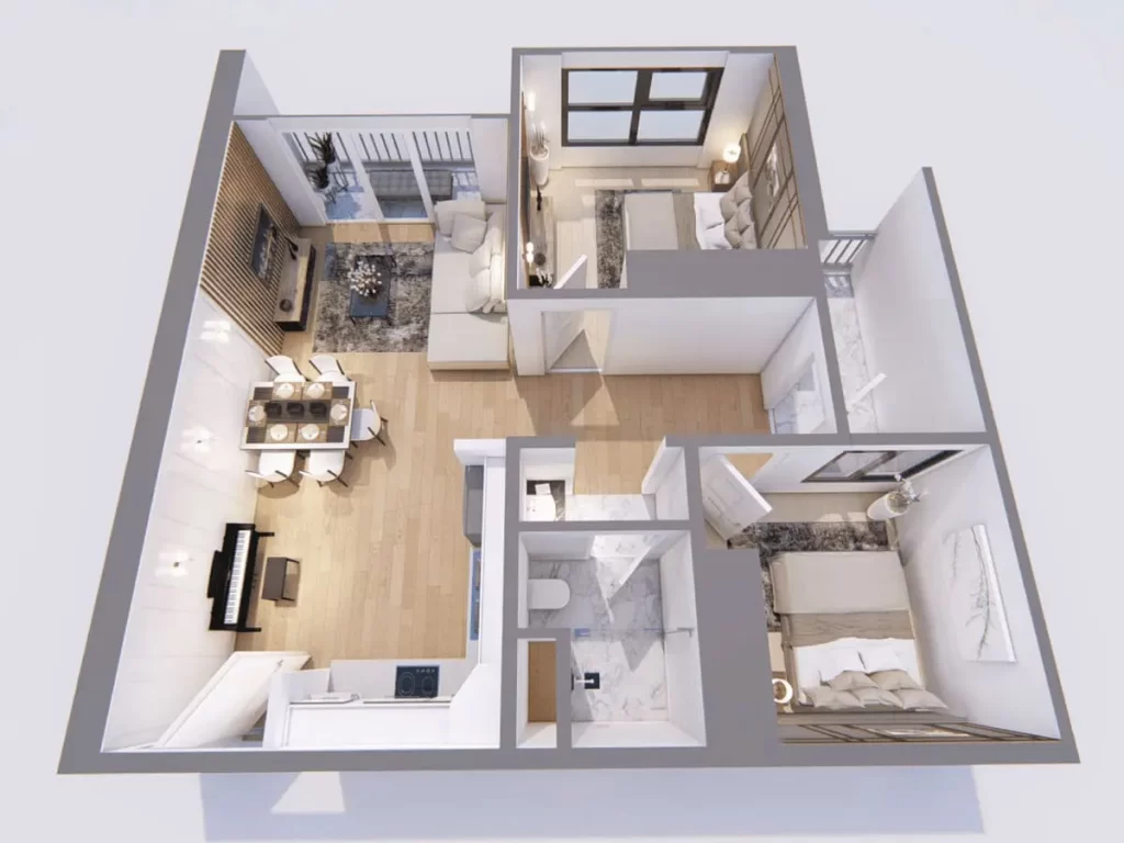 Thiết kế nội thất chung cư 80m2 với 2 phòng ngủ