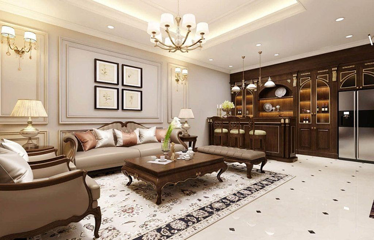 Thiết kế nội thất chung cư Hà Đông phong cách Cổ điển với nội thất gỗ.