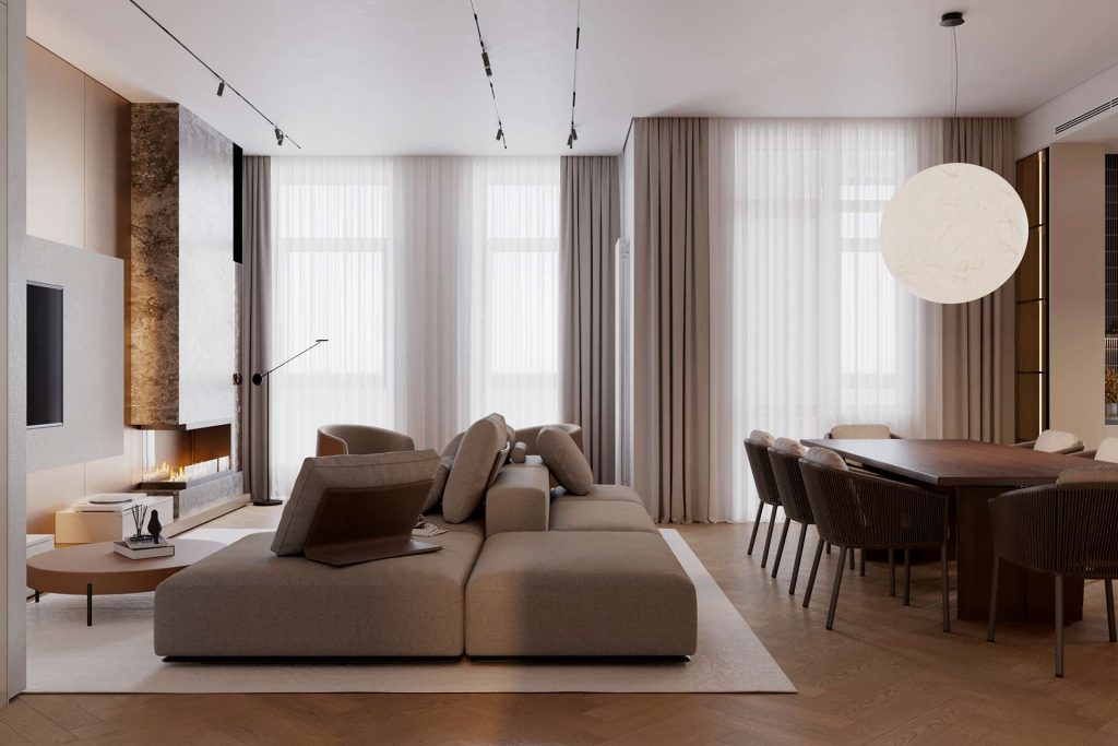 Thiết kế nội thất chung cư Hà Đông với phòng khách sofa vải và kệ tivi.