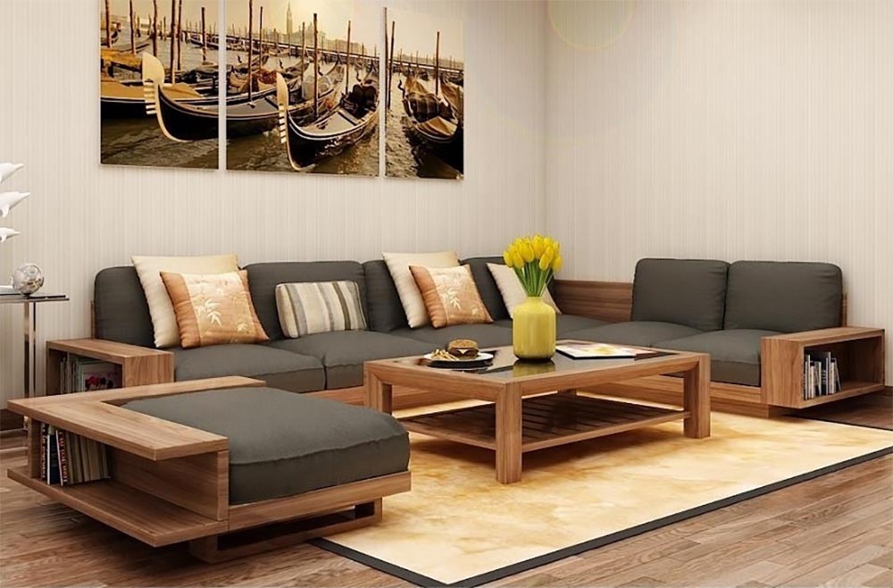 Thiết kế nội thất nhà phố Hà Đông phong cách Hiện đại với sofa vải và kệ treo tường.