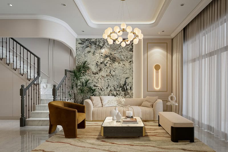 Thiết kế nội thất nhà phố Hà Đông phong cách Tân cổ điển với gương lớn và sofa nhung.