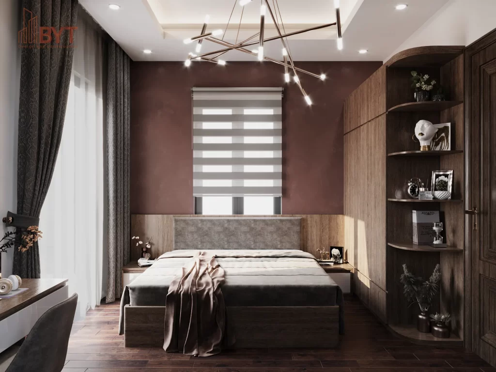 Thiết kế nội thất phòng ngủ với gỗ tự nhiên chất lượng cao khu vực giường ngủ