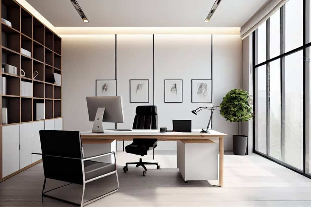 Thiết kế nội thất văn phòng Hà Đông với khu vực tiếp khách có sofa vải và bàn trà kính.