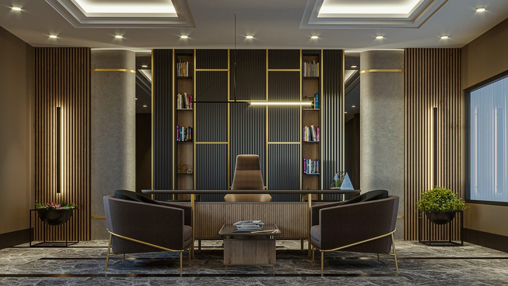 Thiết kế nội thất văn phòng Hà Đông với phòng giám đốc có bàn gỗ lớn và ghế da cao cấp.