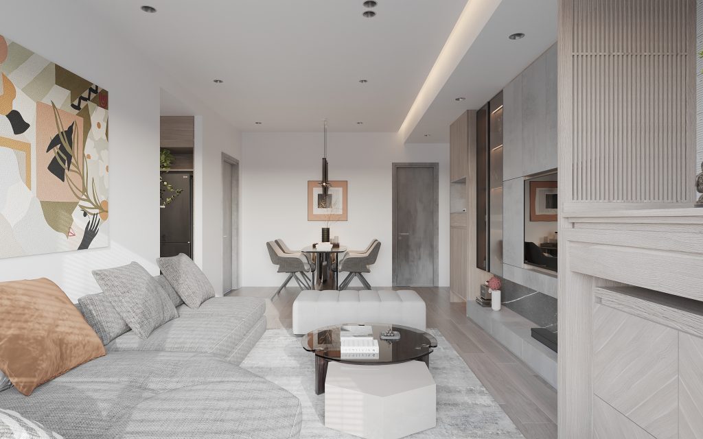 Phòng khách sang trọng với sofa xám dài