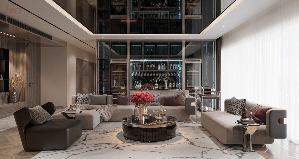 Tổng quan thiết kế nội thất căn hộ 64m2 với sofa hiện đại, bàn trà gỗ, và ánh sáng tự nhiên.