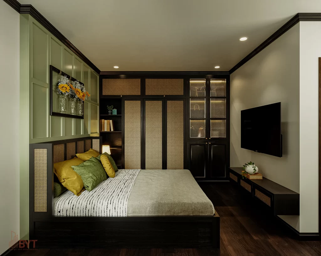 Thiết kế nội thất phòng ngủ Indochine diện tích nhỏ đầy đủ tiện nghi