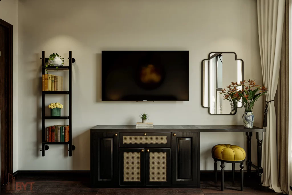 Thiết kế nội thất phòng ngủ Indochine với TV và kệ tủ