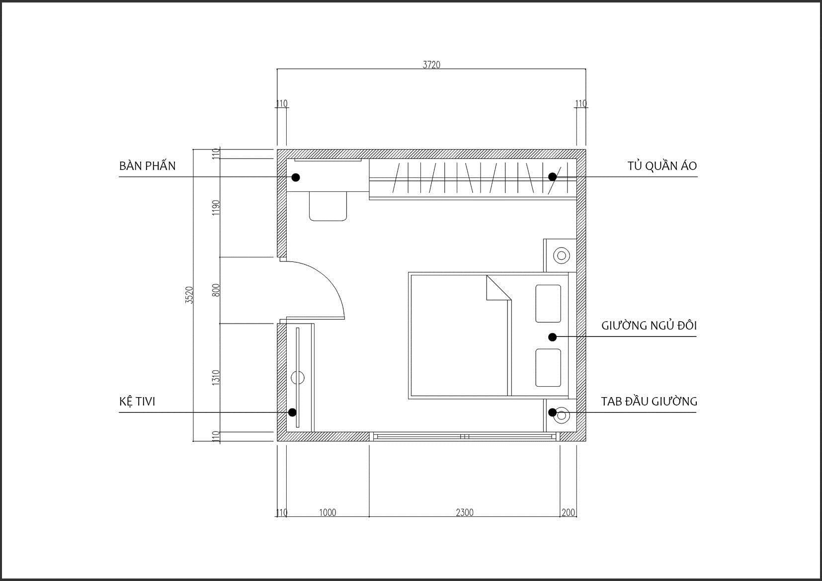 Bản vẽ phòng ngủ 10m2 có giường đôi