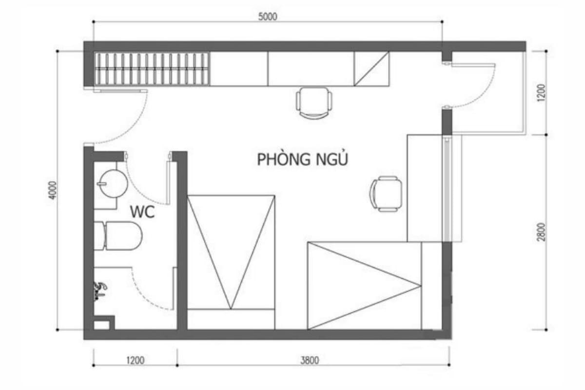 Bản vẽ phòng ngủ 10m2 dạng chữ nhật dài
