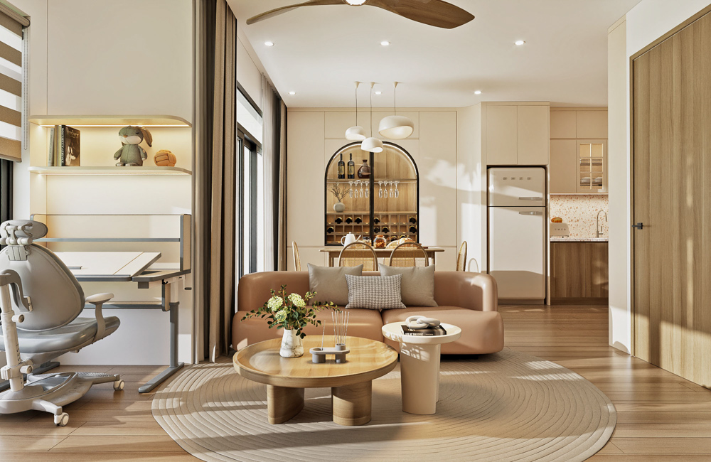 Thiết kế nội thất phòng khách chung cư 77m2