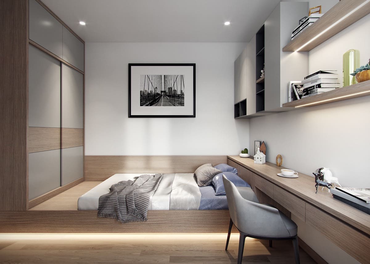 Thiết kế phòng ngủ 10m2 với giường ngủ dạng bục