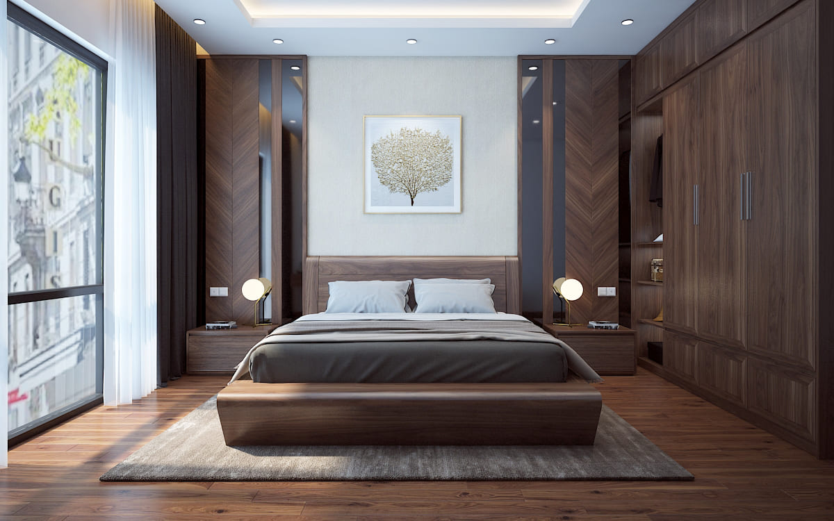 Thiết kế phòng ngủ diện tích 40m2 bằng gỗ óc chó
