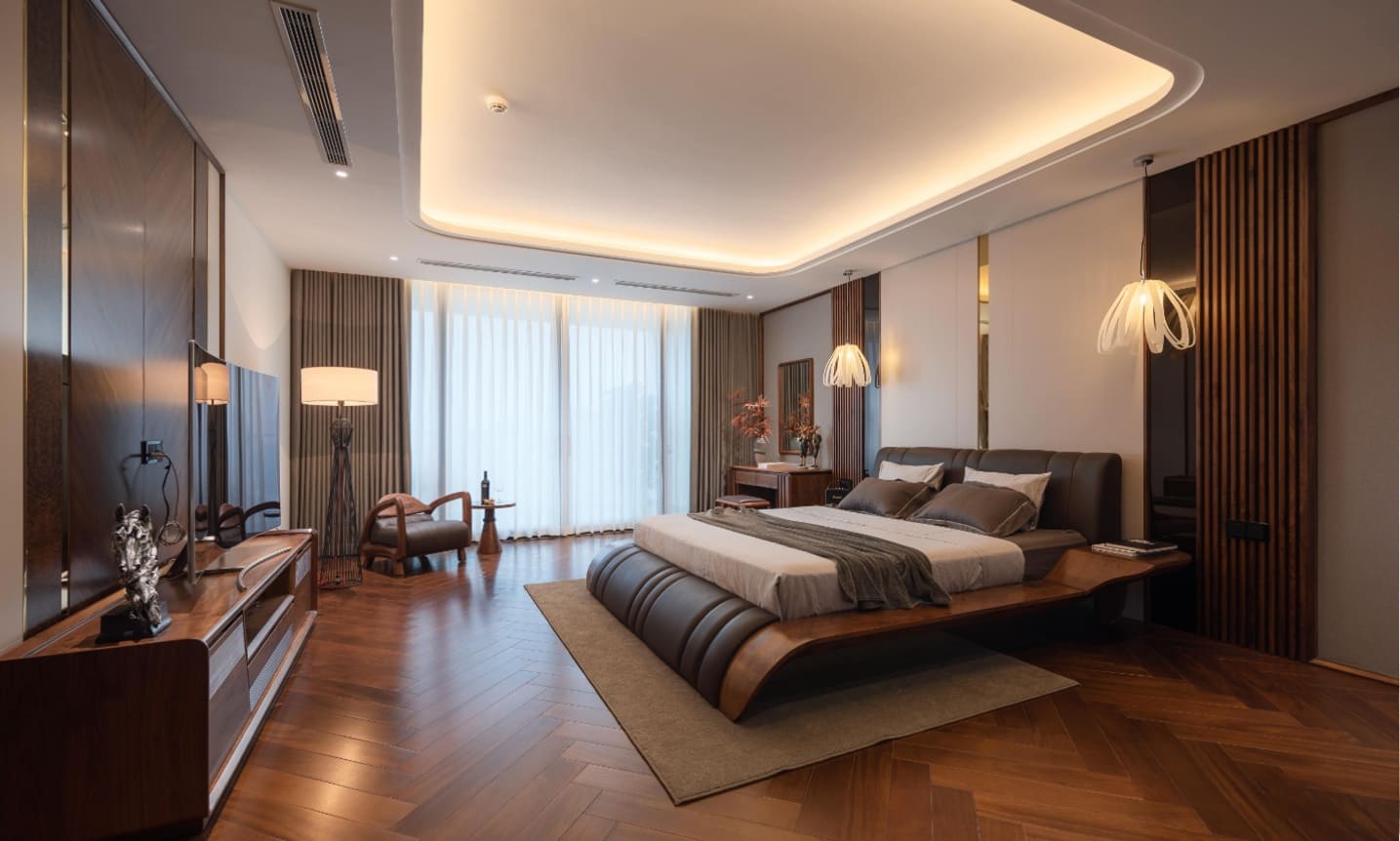 Thiết kế phòng ngủ 50m2 với gỗ óc chó