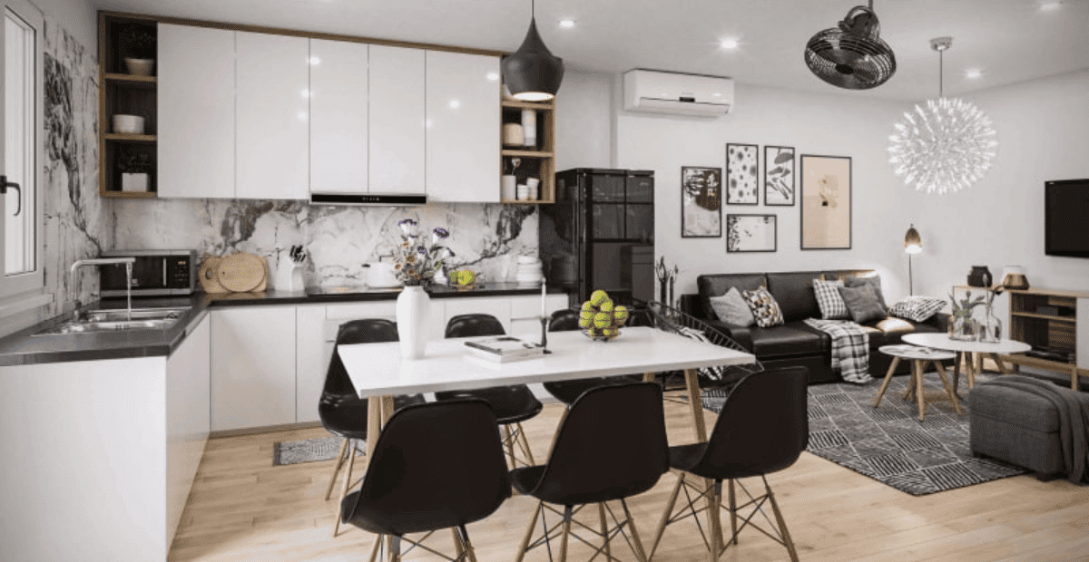 Mẫu Phòng Khách Liền Bếp 30m2 Hiện Đại – Giải Pháp Tối Ưu Không Gian