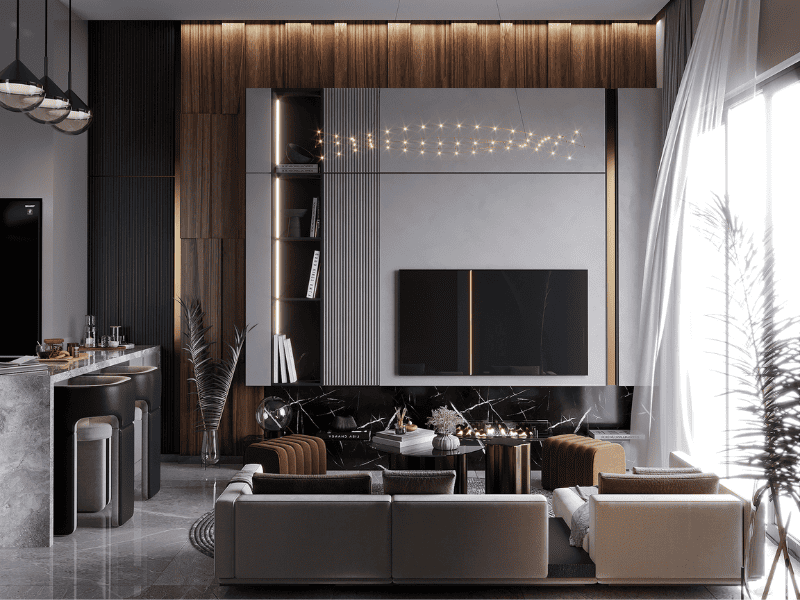 Thiết kế phòng khách 12m2 phong cách Sang Trọng