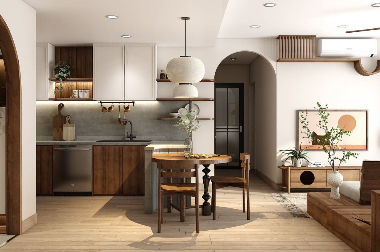 Thiết kế phòng khách liền bếp 25m2 phong cách Cổ Điển