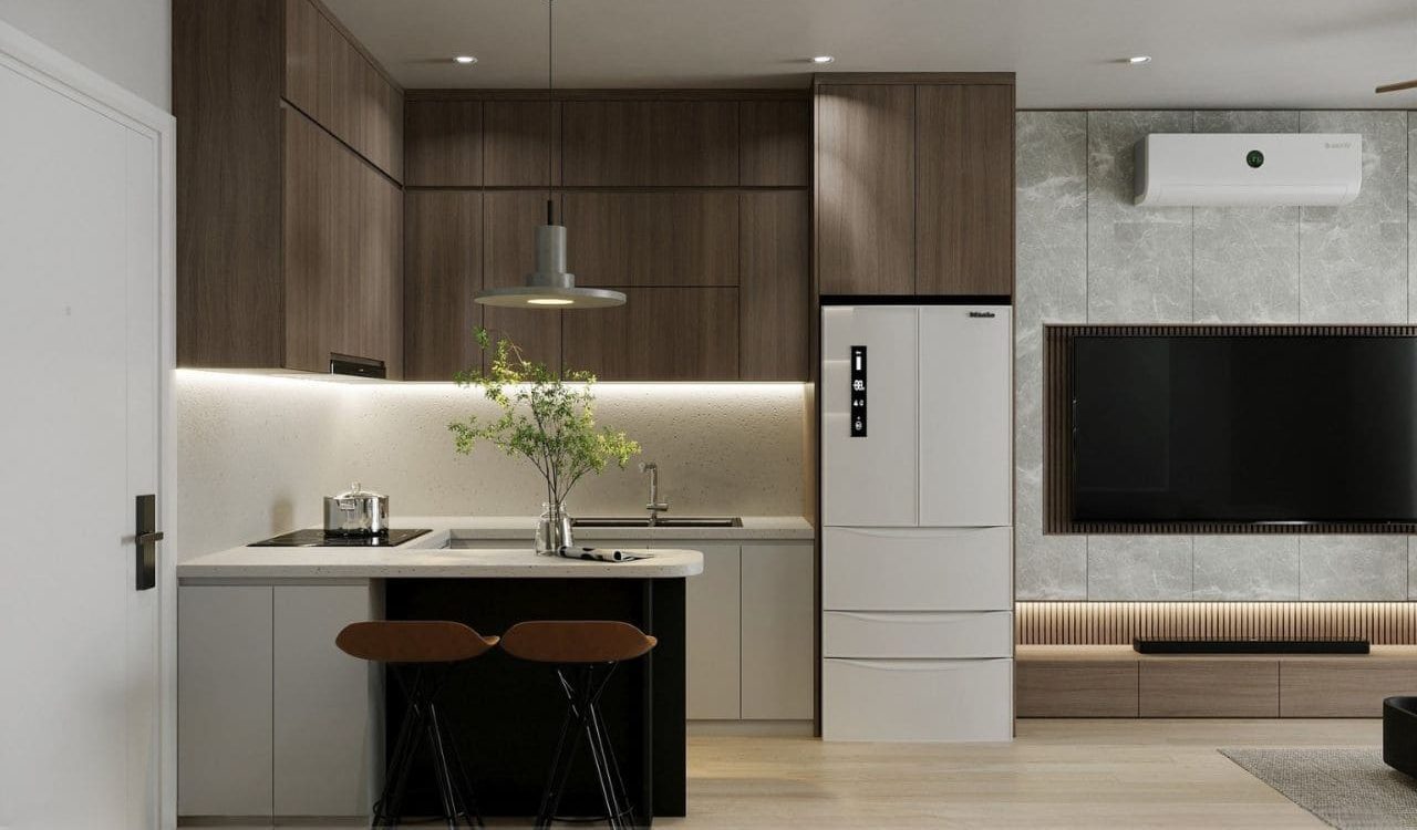 Thiết kế phòng khách liền bếp 25m2 phong cách Tối Giản