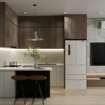 Thiết kế phòng khách liền bếp 25m2 phong cách Tối Giản