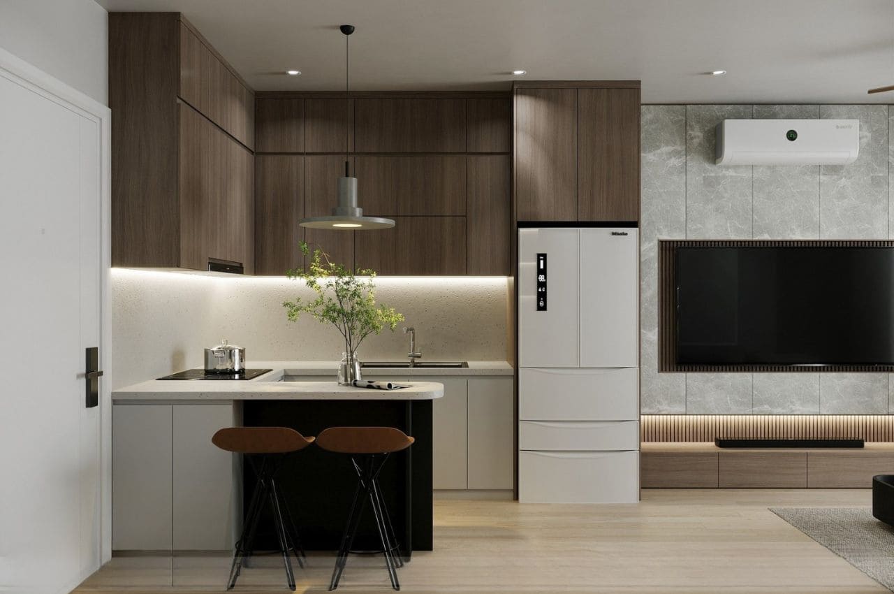 Thiết kế phòng khách liền bếp 25m2 phong cách Tối Giản