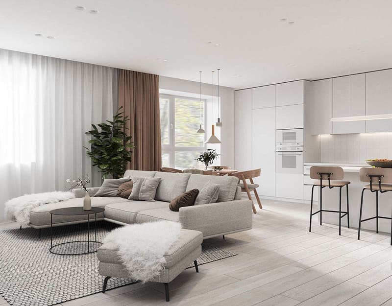 Thiết kế phòng khách liền bếp 30m2 phong cách Tối Giản