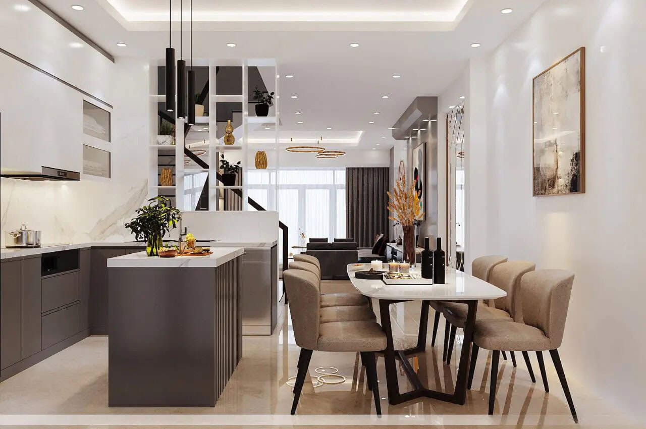 Thiết kế phòng khách liền bếp 40m2 cho nhà ống