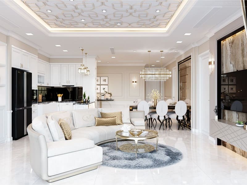 Thiết kế phòng khách liền bếp 40m2 phong cách Cổ Điển - Mẫu 1