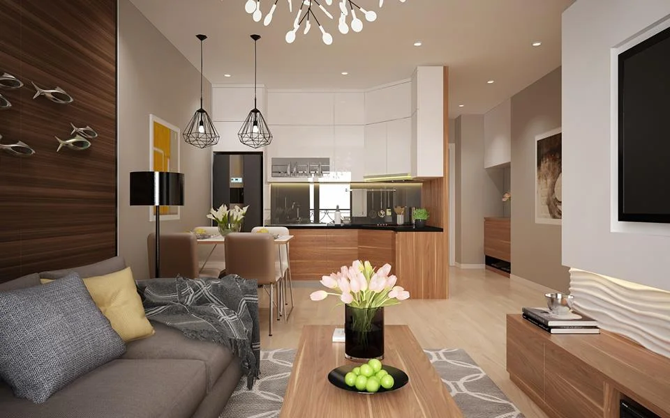 Thiết kế phòng khách liền bếp 40m2 phong cách Hiện Đại
