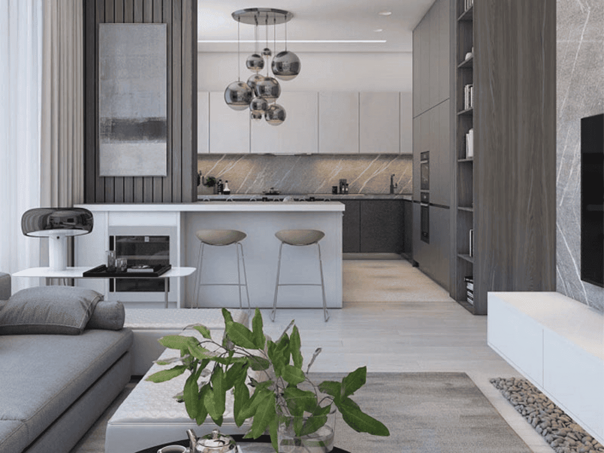 Thiết kế phòng khách liền bếp 40m2 phong cách Sang Trọng