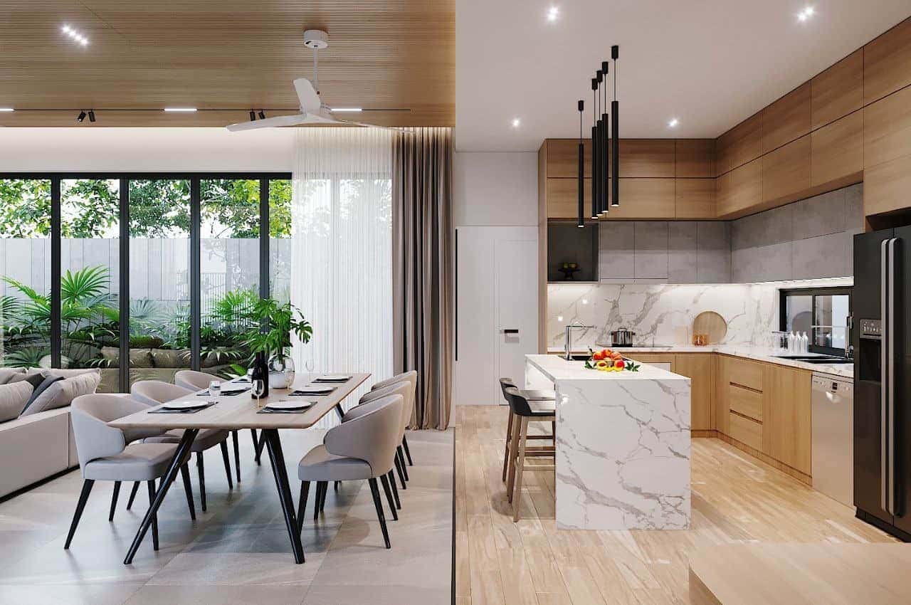 Thiết kế phòng khách liền bếp 50m2 cho biệt thự