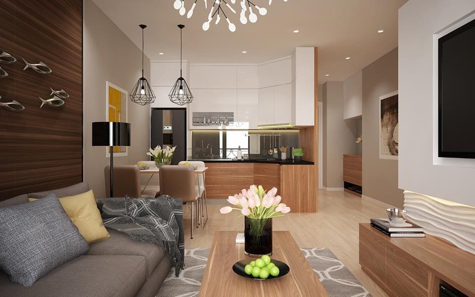 Thiết kế phòng khách liền bếp 50m2 cho nhà phố