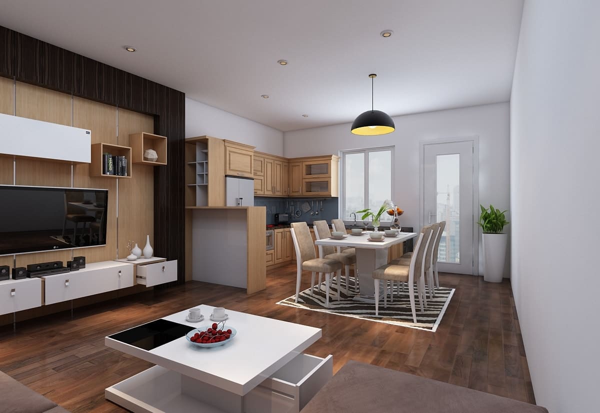Thiết kế phòng khách liền bếp 50m2 phong cách Đơn Giản