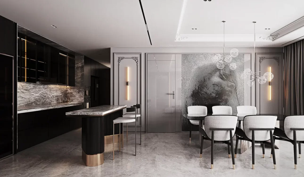 Thiết kế phòng khách liền bếp 50m2 phong cách Sang Trọng
