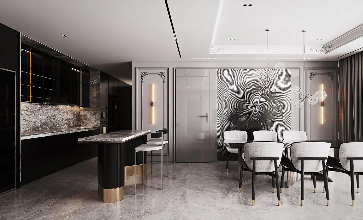 Thiết kế phòng khách liền bếp 50m2 phong cách Sang Trọng