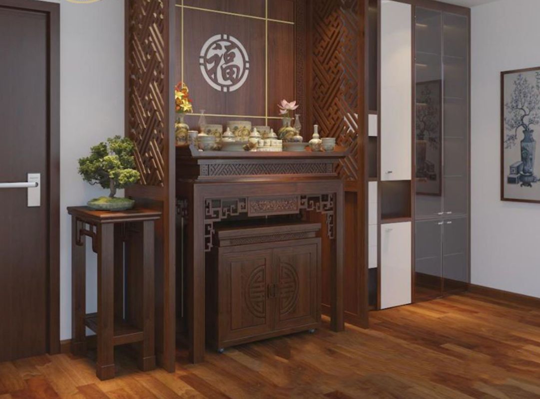 Không gian phòng khách có bàn thờ yên tĩnh