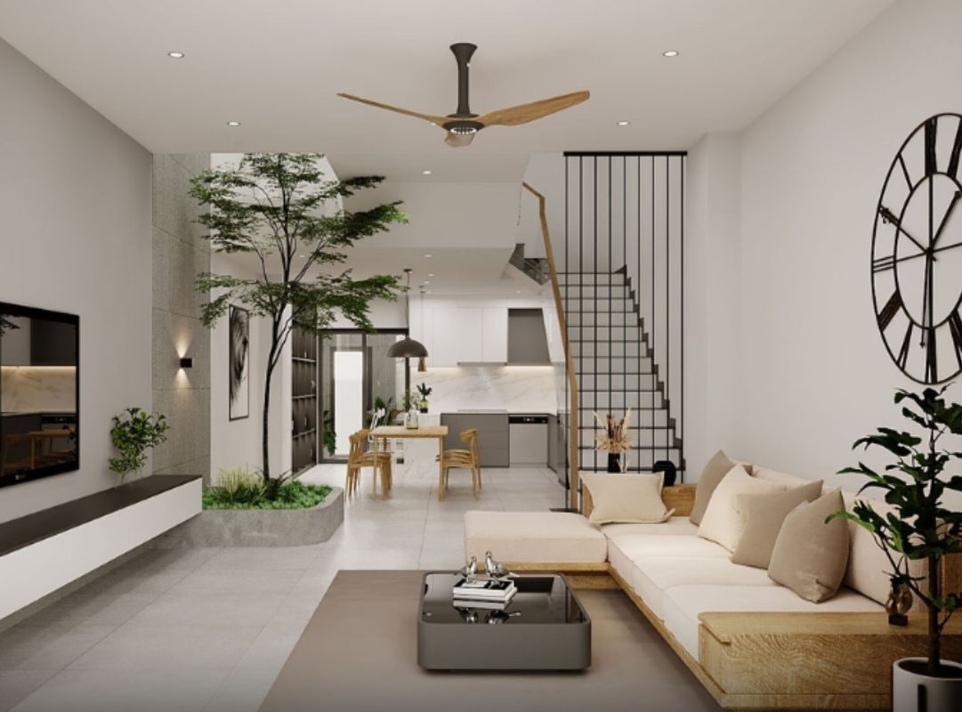 Mẫu cầu thang kết hợp tiểu cảnh xanh mát