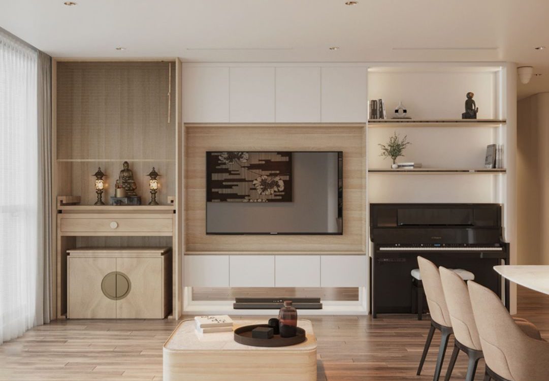 Phòng khách có bàn thờ đẹp – Giải pháp phong thủy và thẩm mỹ