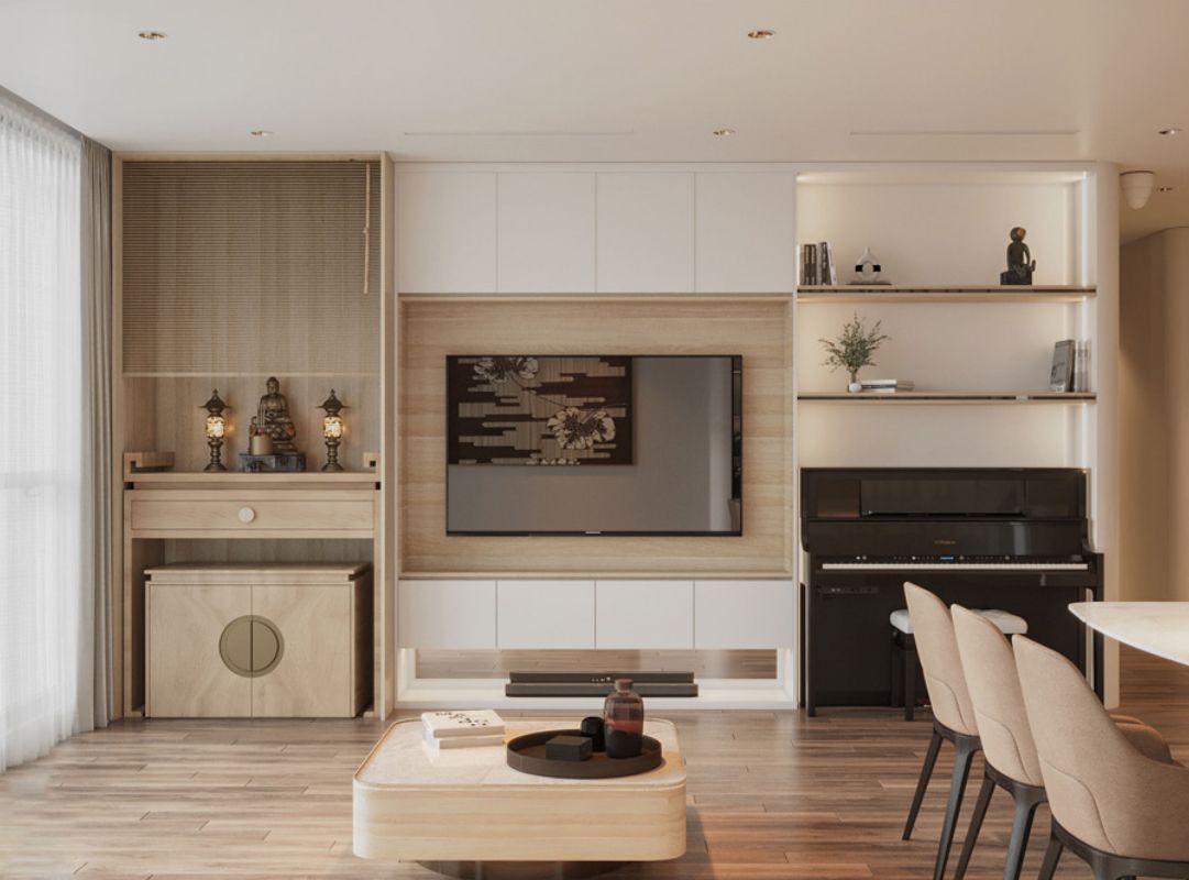 Phòng khách có bàn thờ đẹp – Giải pháp phong thủy và thẩm mỹ