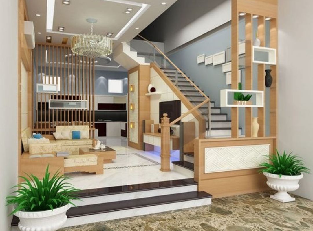 Mẫu phòng khách có cầu thang gỗ tự nhiên