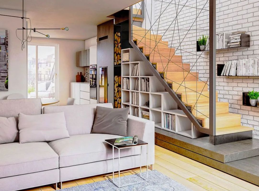 Mẫu phòng khách có cầu thang sắt