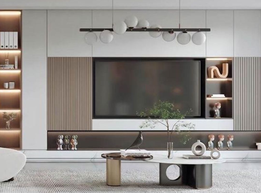 Mẫu phòng khách có ô trang trí tường tường 3D mang lại chiều sâu cho không gian