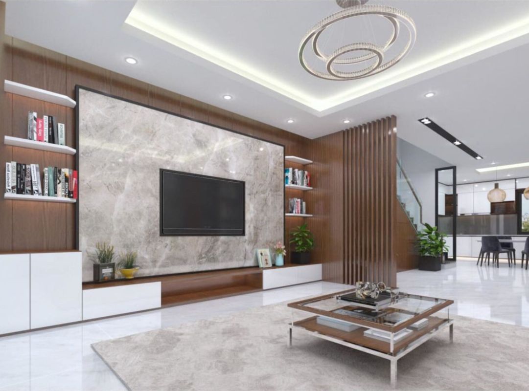 Mẫu phòng khách có ô trang trí tường dạng khối lập phương điểm nhấn độc đáo