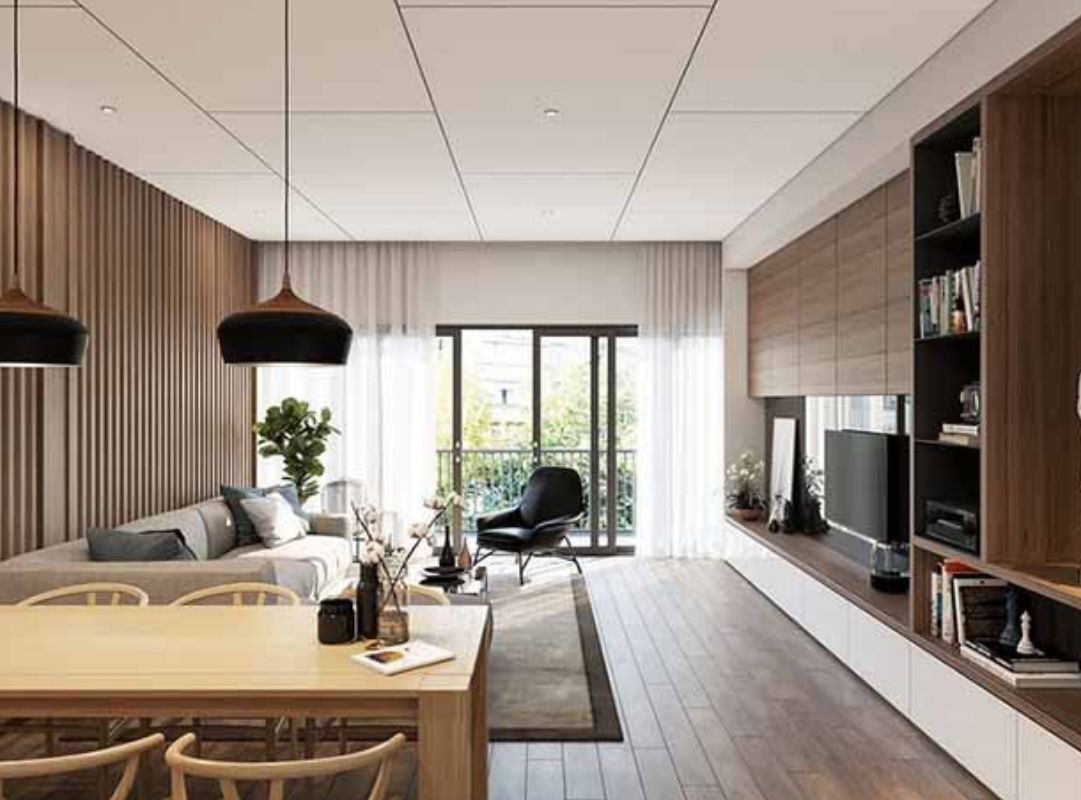 Mẫu phòng khách có ô trang trí tường phong cách ô trang trí gỗ thanh mảnh