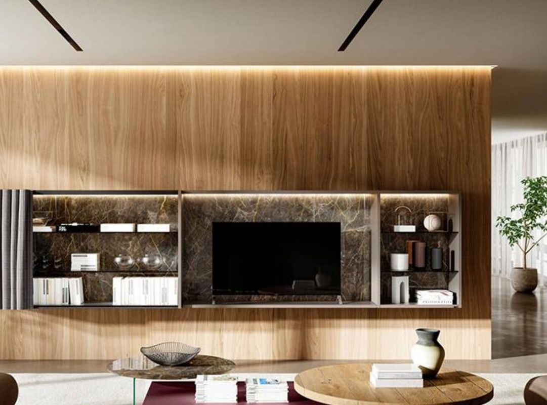 Mẫu phòng khách có ô trang trí tường kết hợp đèn LED tạo hiệu ứng ánh sáng