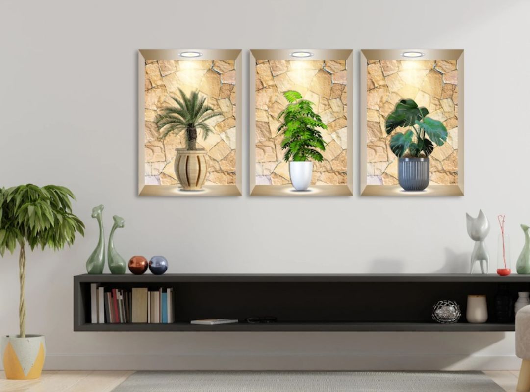 Mẫu phòng khách có ô trang trí tường màu trắng kết hợp kính phản quang