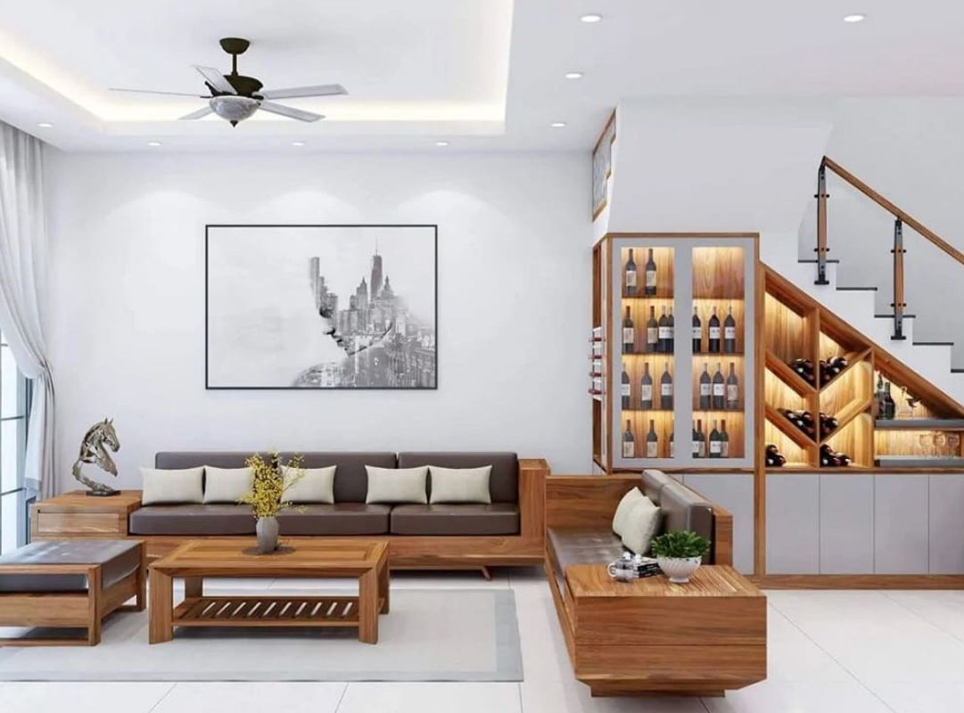 Phòng khách có cầu thang kết hợp tủ